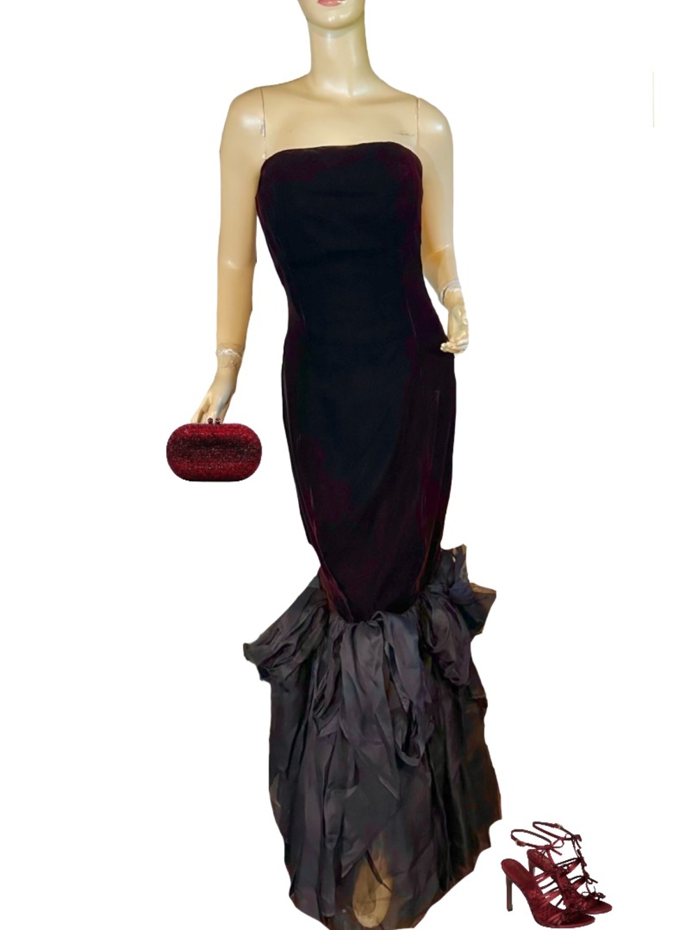 VINTAGE 1980'S BARBOGLIO BORDEAUX RED VELVET DRESS W/BLACK SILK BOTTOM (10)